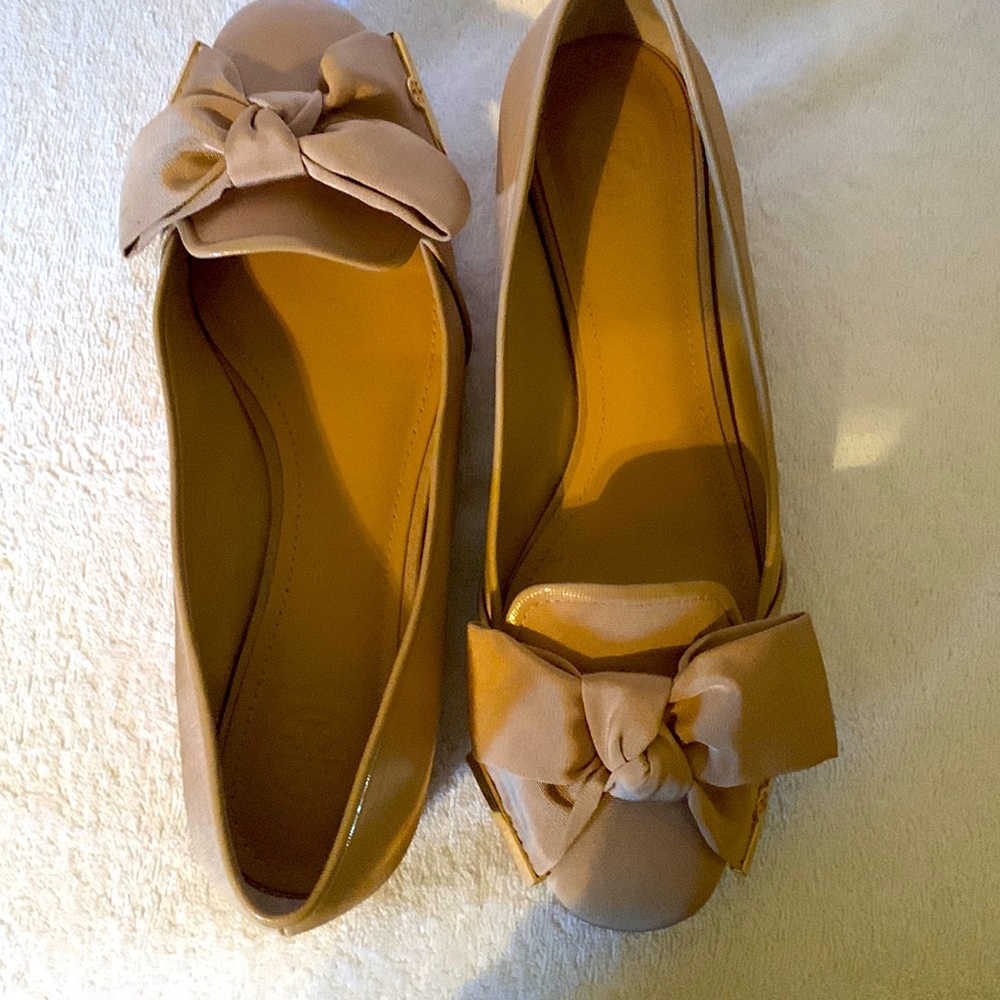 Tory Burch Metallic Beige Fabric Bow Ballet Flats Sz 9